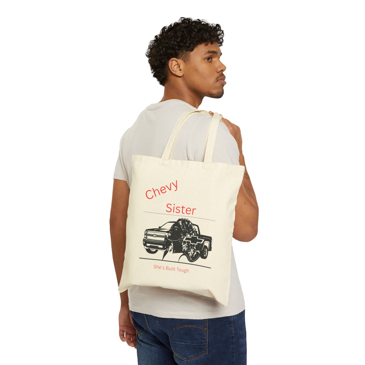 Chevy Sister Tote Bag — 'She's Built Tough' Canvas Grocery & Everyday Tote