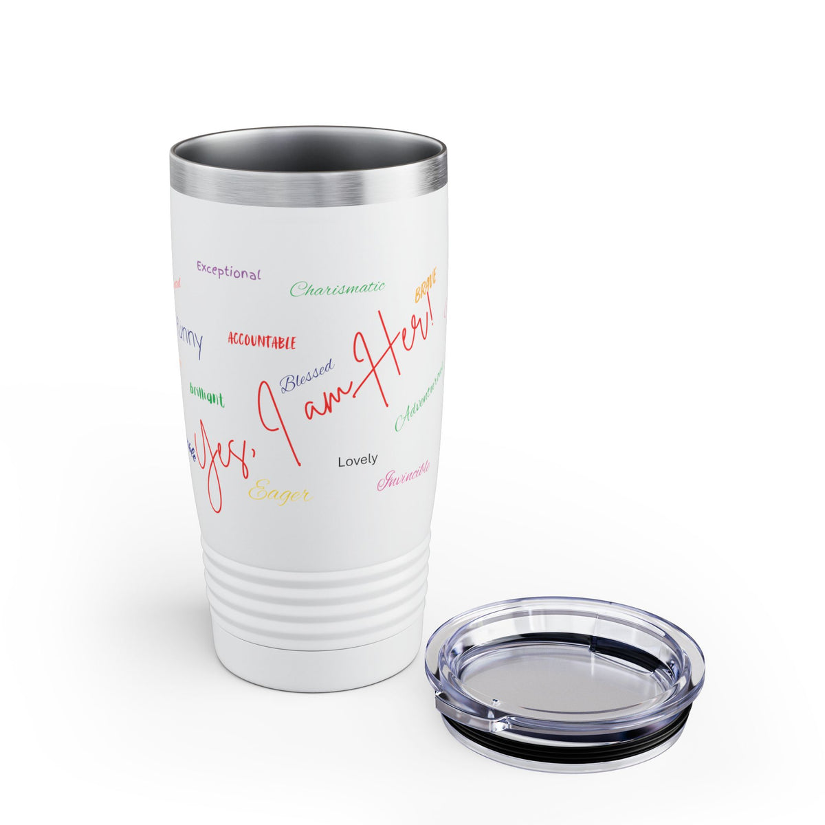 20oz Ringneck Tumbler — Positive Word Cloud "Yes, I Am Her!" Stainless Travel Cup