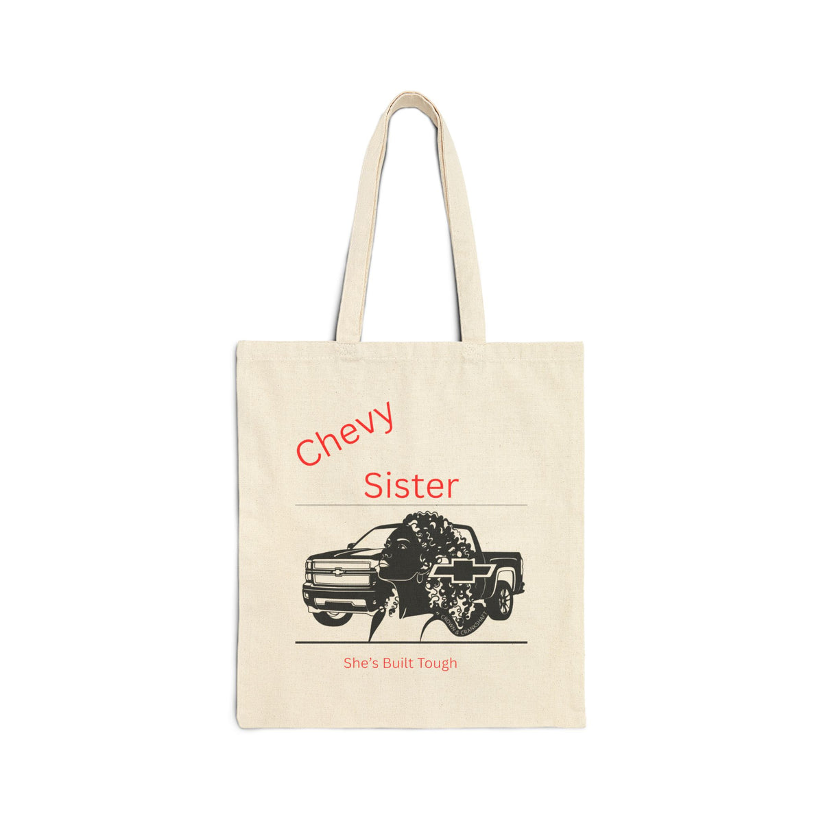 Chevy Sister Tote Bag — 'She's Built Tough' Canvas Grocery & Everyday Tote