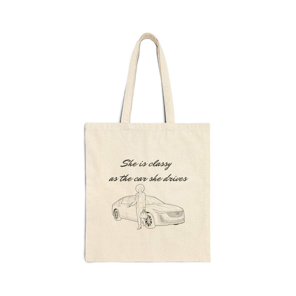 Canvas Tote Bag - "She is classy as the car she drives" Illustrated Car Design