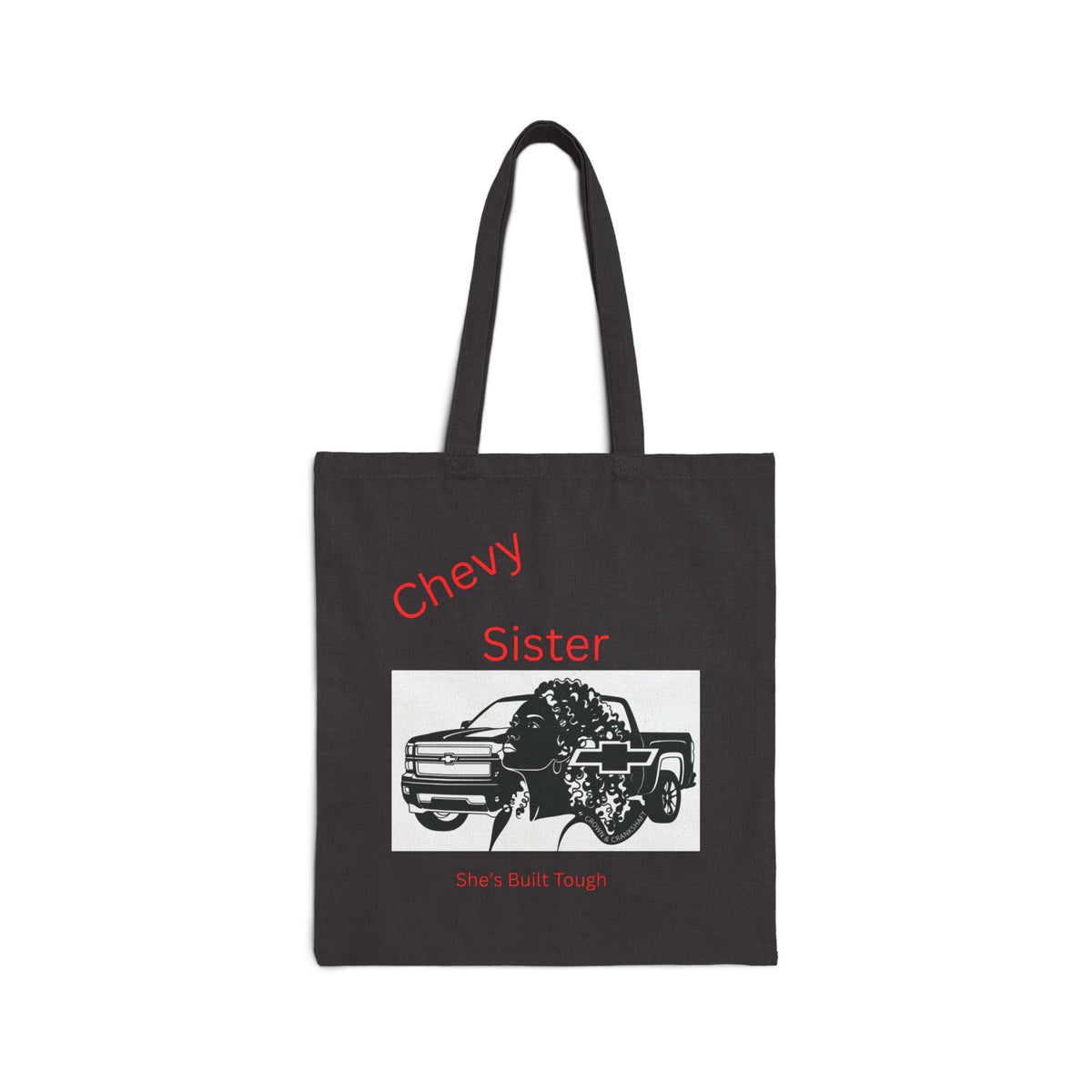 Chevy Sister Tote Bag — 'She's Built Tough' Canvas Grocery & Everyday Tote